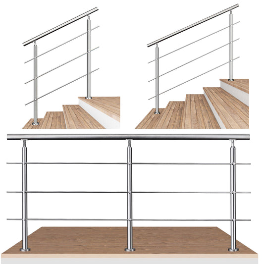 OZEAN Treppengeländer Edelstahl mit 3 Querstreben | 80 - 200 cm | 1,8mm Wandstärke Bodenmontage Silber