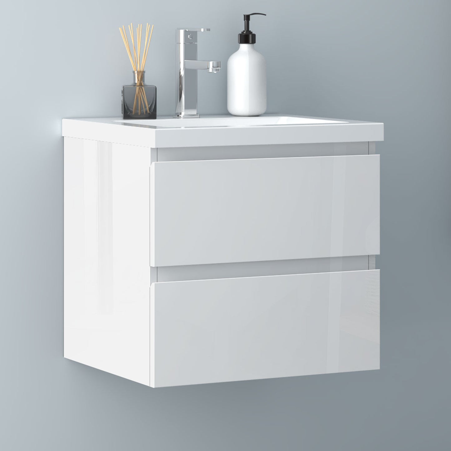 Badezimmermöbel 50cm Mineralguss Waschtisch mit Unterschrank Badmöbel set Badezimmerschränke mit 2 Soft-Close Schubladen Hochglanz Weiß