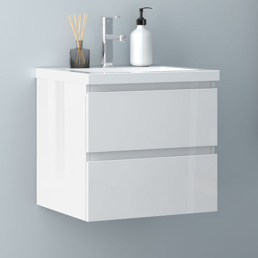 Badezimmermöbel 50cm Mineralguss Waschtisch mit Unterschrank Badmöbel set Badezimmerschränke mit 2 Soft-Close Schubladen Hochglanz Weiß