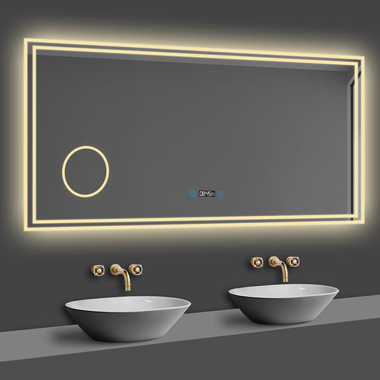 LED Badspiegel 100×60cm Uhr, Touch, Beschlagfrei, 3 Lichtfarbe 2700-6500K ,3x Lupe,Dimmbar,Wandspiegel
