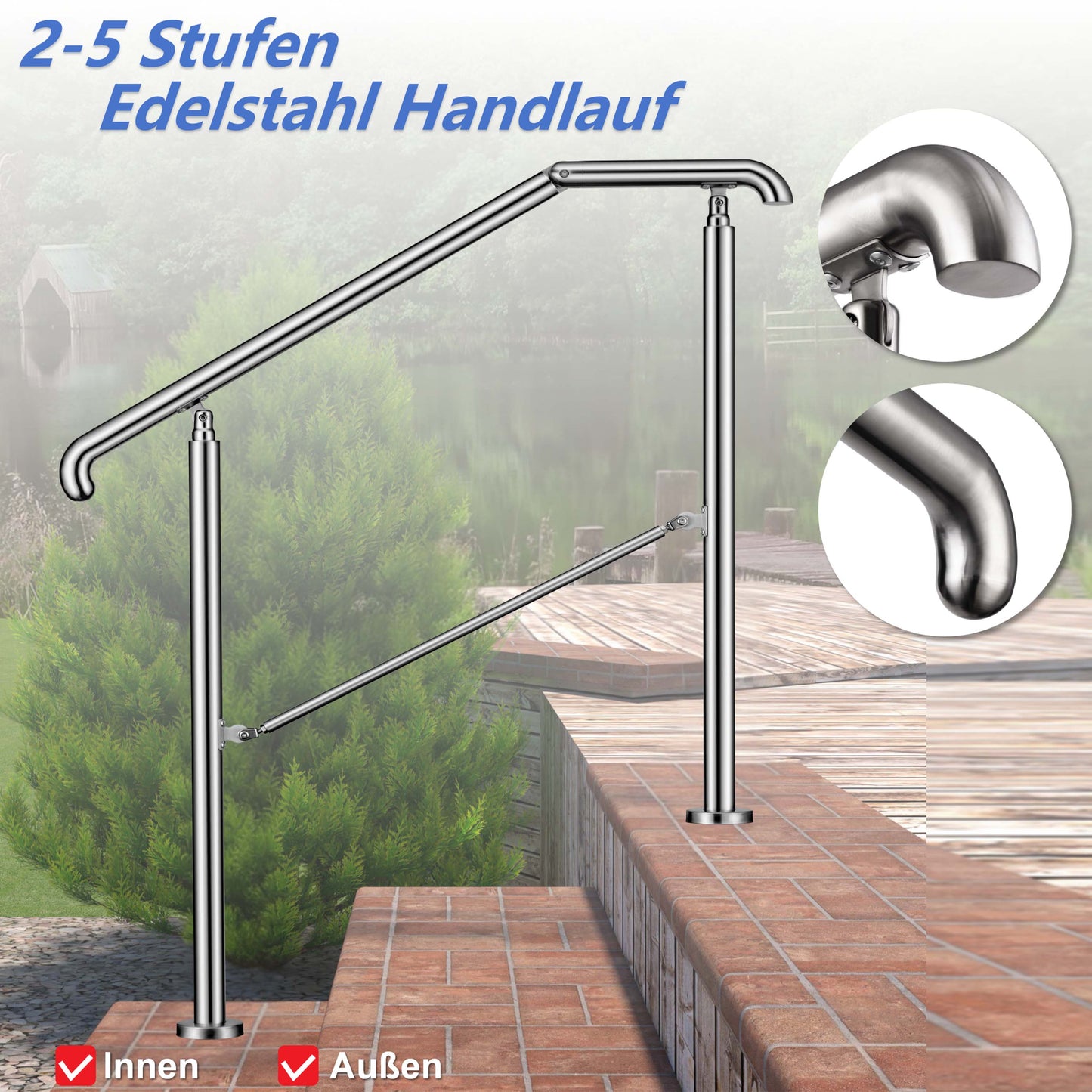 OZEAN Eingangsgeländer Edelstahl verstellbar für 2-5 Stufen | 3.5mm verstärkte Platte | Silber/Schwarz