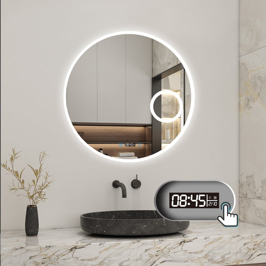 LED Badspiegel Rund 80cm mit Touch/Wandschalter Beschlagfrei Kalt/Neutral/Warmweiß Dimmbar Badezimmerspiegel mit Uhr und 3-Fach Kosmetikspiegel IP44