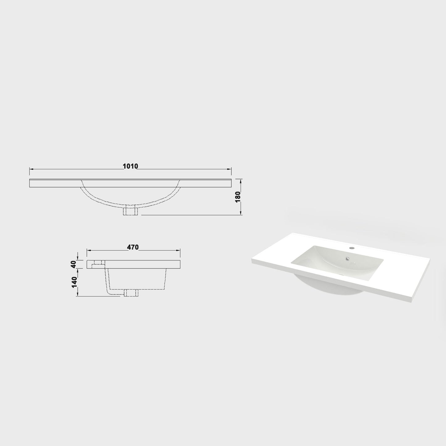 Waschtisch Waschbecken aus Kunststein Einbauwaschbecken 101x47x17.5cm Weiß