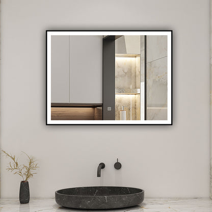 LED Wandspiegel 90x70cm Beschlagfrei Touch/Wandschalter 3 Lichtfarbe +Dimmbar Badspiegel mit Beleuchtung Badezimmerspiegel mit Schwarz Rahmen IP44