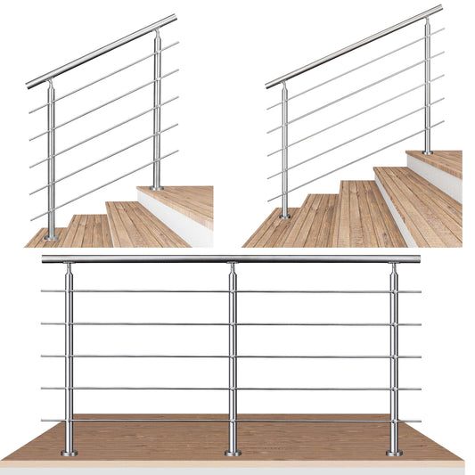 OZEAN Treppengeländer Edelstahl mit 5 Querstreben | 80 - 200 cm | 1.8mm Wandstärke Bodenmontage Silber