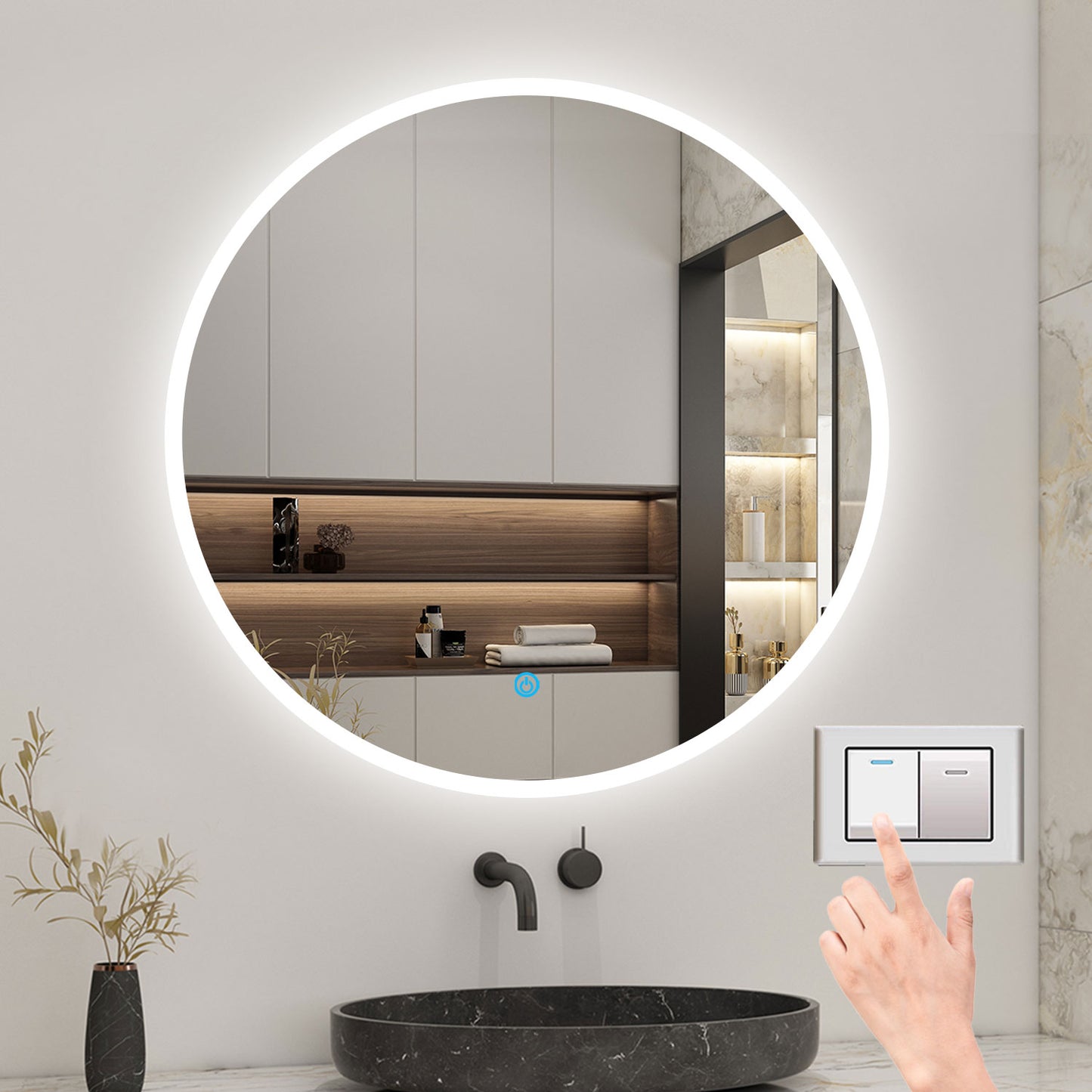 Rund LED Spiegel 60cm, Wandspiegel mit Touch/Wandschalter Beschlagfrei 3 Lichfarbe Dimmbar Runder Spiegel mit LED Beleuchtung IP44