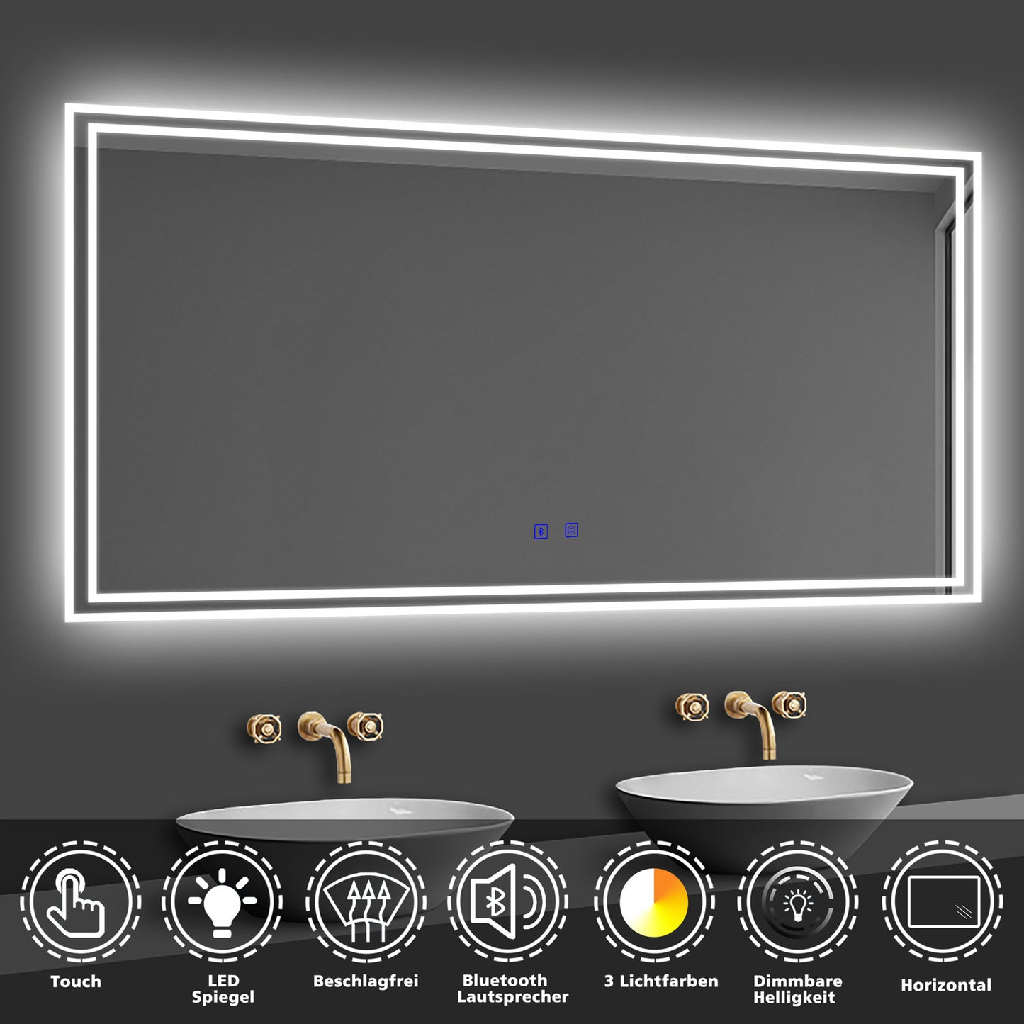 LED Badspiegel 120x70 cm Bluetooth TOUCH BESCHLAGFREI Wandspiegel Kalt/Neutral/Warmweiß ,Dimmbar