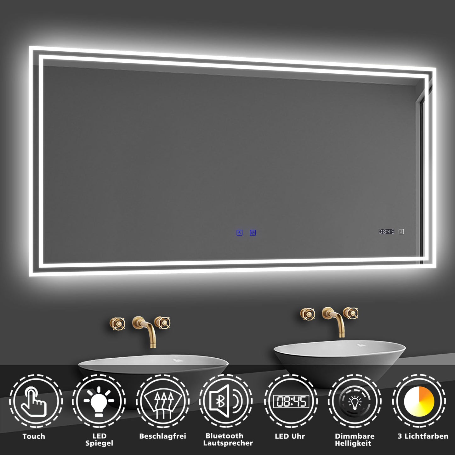 LED Badspiegel 120x70 cm Bluetooth Uhr TOUCH BESCHLAGFREI Wandspiegel Kalt/Neutral/Warmweiß ,Dimmbar