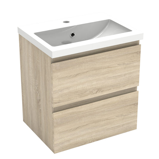 Badezimmermöbel 50cm Mineralguss Waschtisch mit Unterschrank Badmöbel set Badezimmerschränke mit 2 Soft-Close Schubladen Eiche Matt
