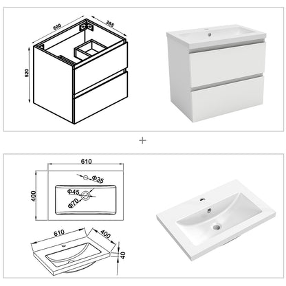 Badezimmermöbel 60cm Mineralguss Waschtisch mit Unterschrank Badmöbel set Badezimmerschränke mit 2 Soft-Close Schubladen Weiß Matt