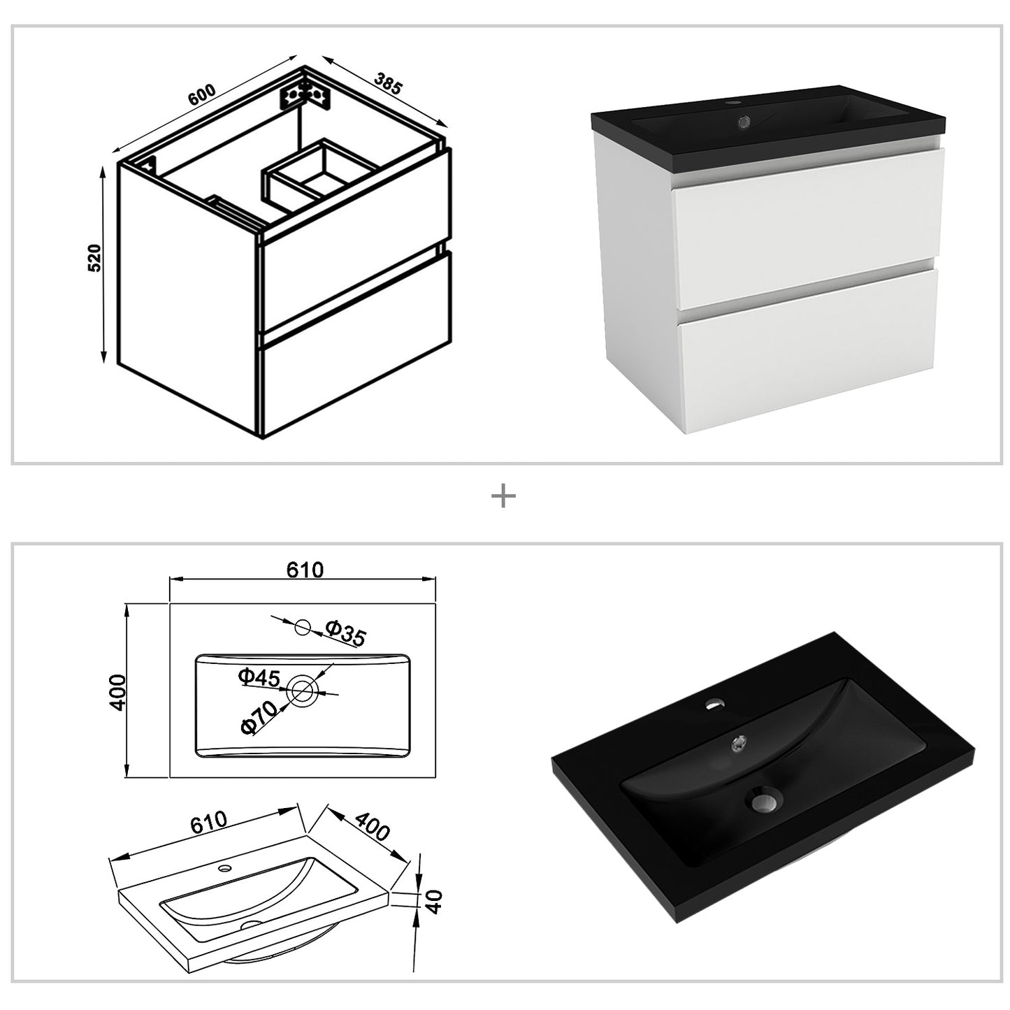 Badezimmermöbel 60cm Schwarz Mineralguss Waschtisch mit Unterschrank Badmöbel set Badezimmerschränke mit 2 Soft-Close Schubladen Weiß Matt