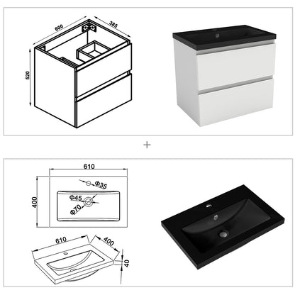 Badezimmermöbel 60cm Schwarz Mineralguss Waschtisch mit Unterschrank Badmöbel set Badezimmerschränke mit 2 Soft-Close Schubladen Weiß Matt