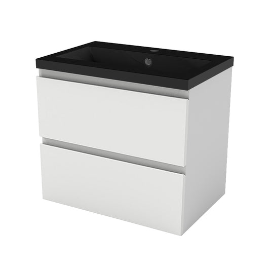 Badezimmermöbel 60cm Schwarz Mineralguss Waschtisch mit Unterschrank Badmöbel set Badezimmerschränke mit 2 Soft-Close Schubladen Weiß Matt