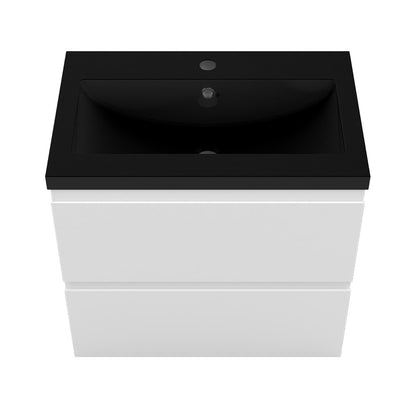 Badezimmermöbel 60cm Schwarz Mineralguss Waschtisch mit Unterschrank Badmöbel set Badezimmerschränke mit 2 Soft-Close Schubladen Weiß Matt