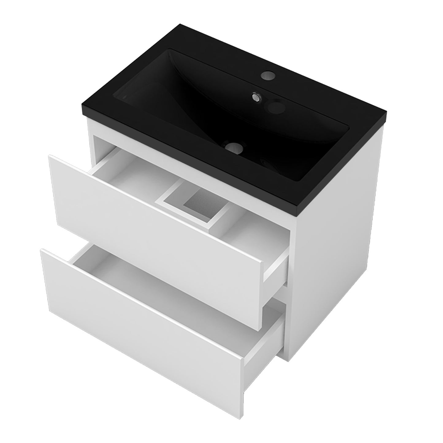 Badezimmermöbel 60cm Schwarz Mineralguss Waschtisch mit Unterschrank Badmöbel set Badezimmerschränke mit 2 Soft-Close Schubladen Weiß Matt