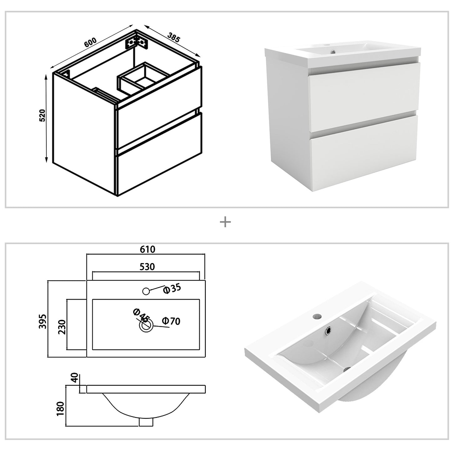 Badezimmermöbel 60cm Dickes Keramik Waschtisch mit Unterschrank Badmöbel set Badezimmerschränke mit 2 Soft-Close Schubladen Weiß Matt