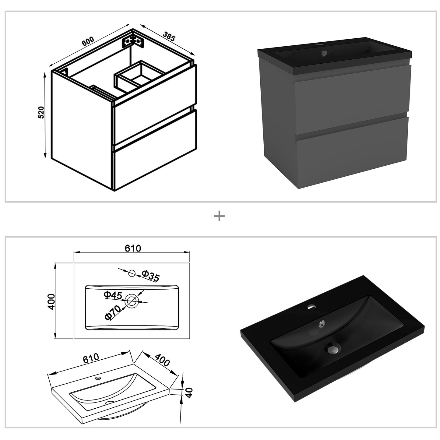 Badezimmermöbel 60cm Schwarz Mineralguss Waschtisch mit Unterschrank Badmöbel set Badezimmerschränke mit 2 Soft-Close Schubladen Dunkelgrau Matt