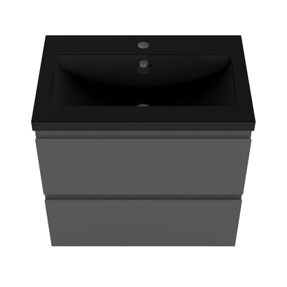 Badezimmermöbel 60cm Schwarz Mineralguss Waschtisch mit Unterschrank Badmöbel set Badezimmerschränke mit 2 Soft-Close Schubladen Dunkelgrau Matt