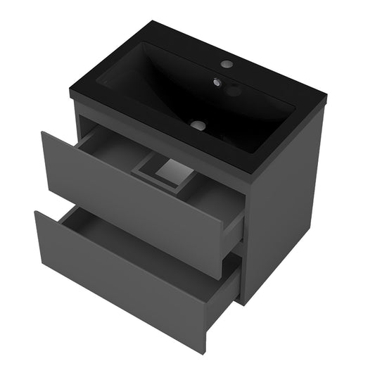 Badezimmermöbel 60cm Schwarz Mineralguss Waschtisch mit Unterschrank Badmöbel set Badezimmerschränke mit 2 Soft-Close Schubladen Dunkelgrau Matt