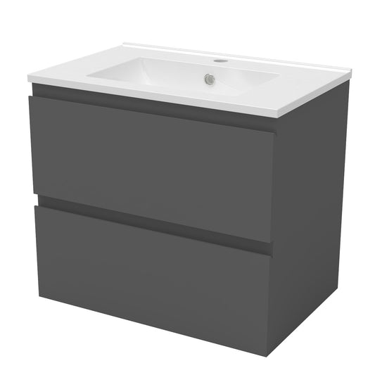 Badezimmermöbel 60cm Dünn Keramik Waschtisch mit Unterschrank Badmöbel set Badezimmerschränke mit 2 Soft-Close Schubladen Dunkelgrau Matt