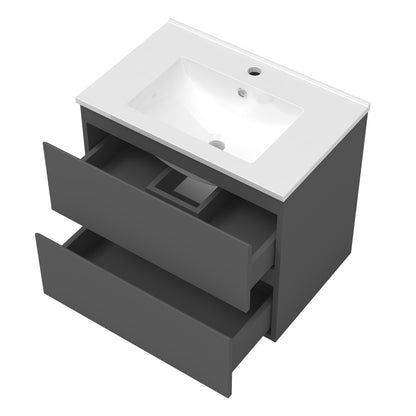 Badezimmermöbel 60cm Dünn Keramik Waschtisch mit Unterschrank Badmöbel set Badezimmerschränke mit 2 Soft-Close Schubladen Dunkelgrau Matt