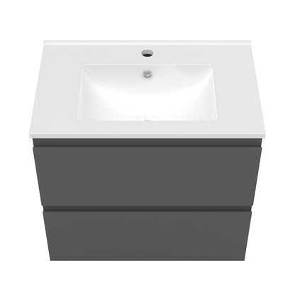 Badezimmermöbel 60cm Dünn Keramik Waschtisch mit Unterschrank Badmöbel set Badezimmerschränke mit 2 Soft-Close Schubladen Dunkelgrau Matt