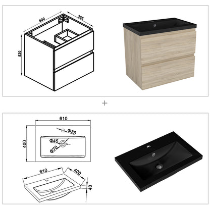 Badezimmermöbel 60cm Schwarz Mineralguss Waschtisch mit Unterschrank Badmöbel set Badezimmerschränke mit 2 Soft-Close Schubladen Eiche Matt