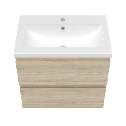 Badezimmermöbel 60cm Mineralguss Waschtisch mit Unterschrank Badmöbel set Badezimmerschränke mit 2 Soft-Close Schubladen Eiche Matt