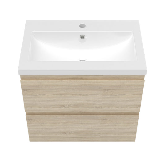 Badezimmermöbel 60cm Mineralguss Waschtisch mit Unterschrank Badmöbel set Badezimmerschränke mit 2 Soft-Close Schubladen Eiche Matt