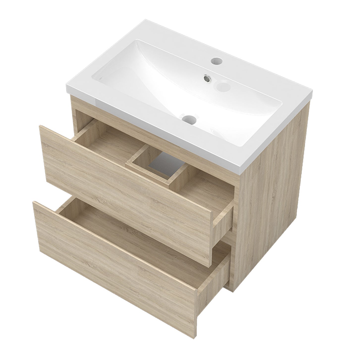 Badezimmermöbel 60cm Mineralguss Waschtisch mit Unterschrank Badmöbel set Badezimmerschränke mit 2 Soft-Close Schubladen Eiche Matt