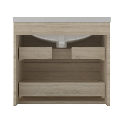 Badezimmermöbel 60cm Mineralguss Waschtisch mit Unterschrank Badmöbel set Badezimmerschränke mit 2 Soft-Close Schubladen Eiche Matt