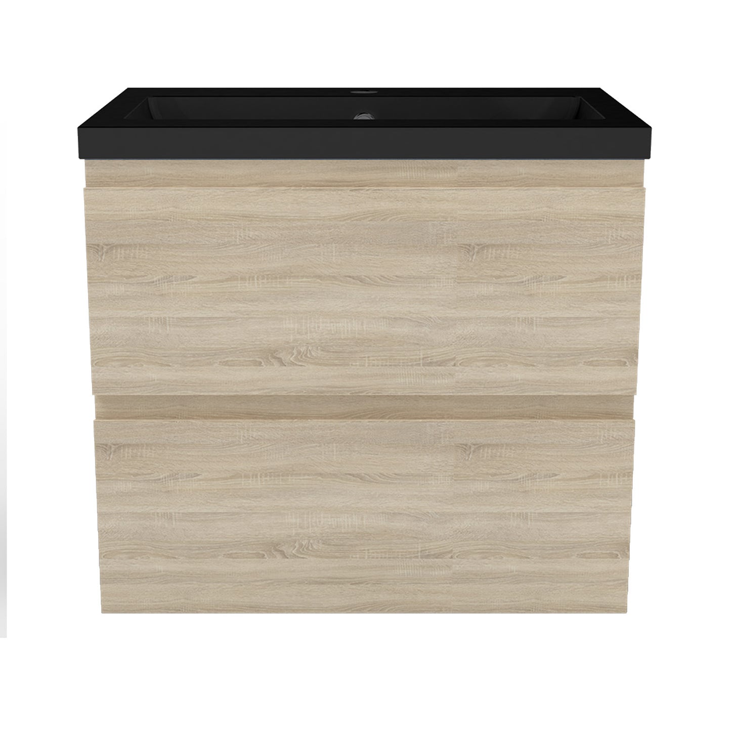 Badezimmermöbel 60cm Schwarz Mineralguss Waschtisch mit Unterschrank Badmöbel set Badezimmerschränke mit 2 Soft-Close Schubladen Eiche Matt