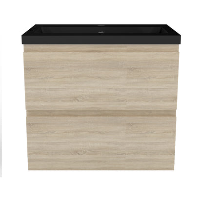 Badezimmermöbel 60cm Schwarz Mineralguss Waschtisch mit Unterschrank Badmöbel set Badezimmerschränke mit 2 Soft-Close Schubladen Eiche Matt