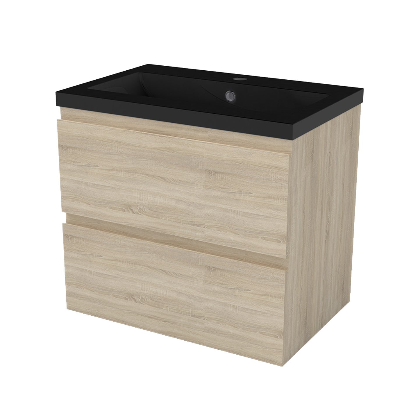 Badezimmermöbel 60cm Schwarz Mineralguss Waschtisch mit Unterschrank Badmöbel set Badezimmerschränke mit 2 Soft-Close Schubladen Eiche Matt
