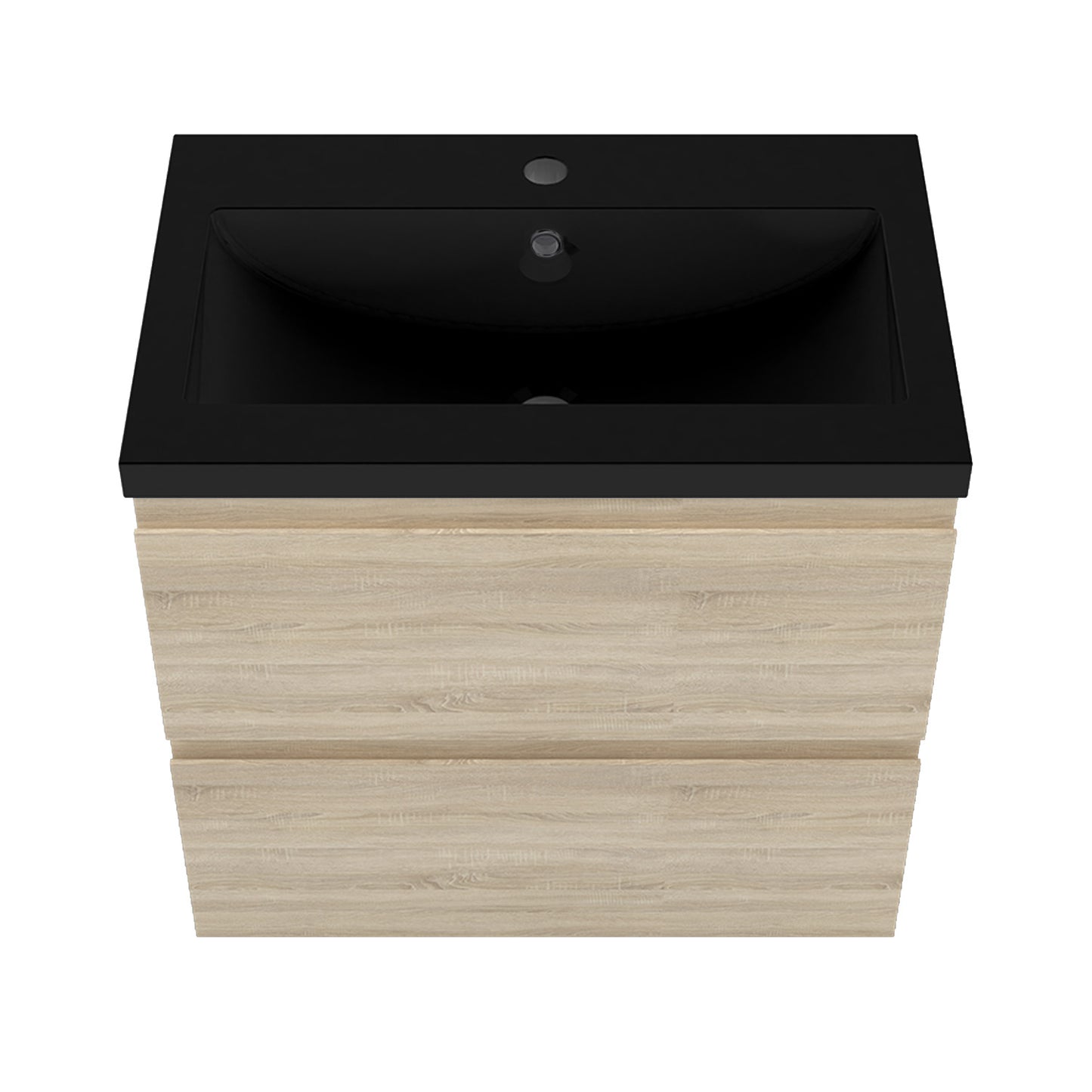 Badezimmermöbel 60cm Schwarz Mineralguss Waschtisch mit Unterschrank Badmöbel set Badezimmerschränke mit 2 Soft-Close Schubladen Eiche Matt