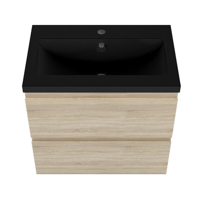 Badezimmermöbel 60cm Schwarz Mineralguss Waschtisch mit Unterschrank Badmöbel set Badezimmerschränke mit 2 Soft-Close Schubladen Eiche Matt