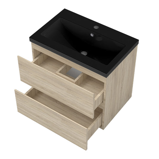 Badezimmermöbel 60cm Schwarz Mineralguss Waschtisch mit Unterschrank Badmöbel set Badezimmerschränke mit 2 Soft-Close Schubladen Eiche Matt