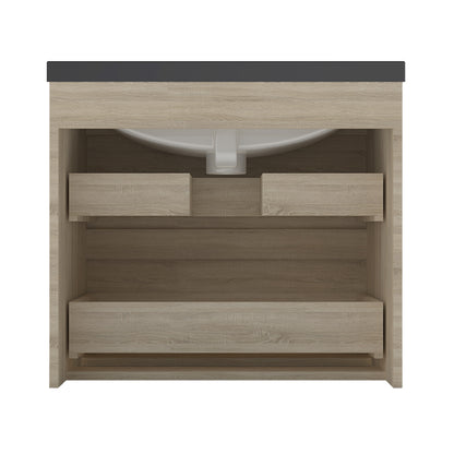 Badezimmermöbel 60cm Schwarz Mineralguss Waschtisch mit Unterschrank Badmöbel set Badezimmerschränke mit 2 Soft-Close Schubladen Eiche Matt