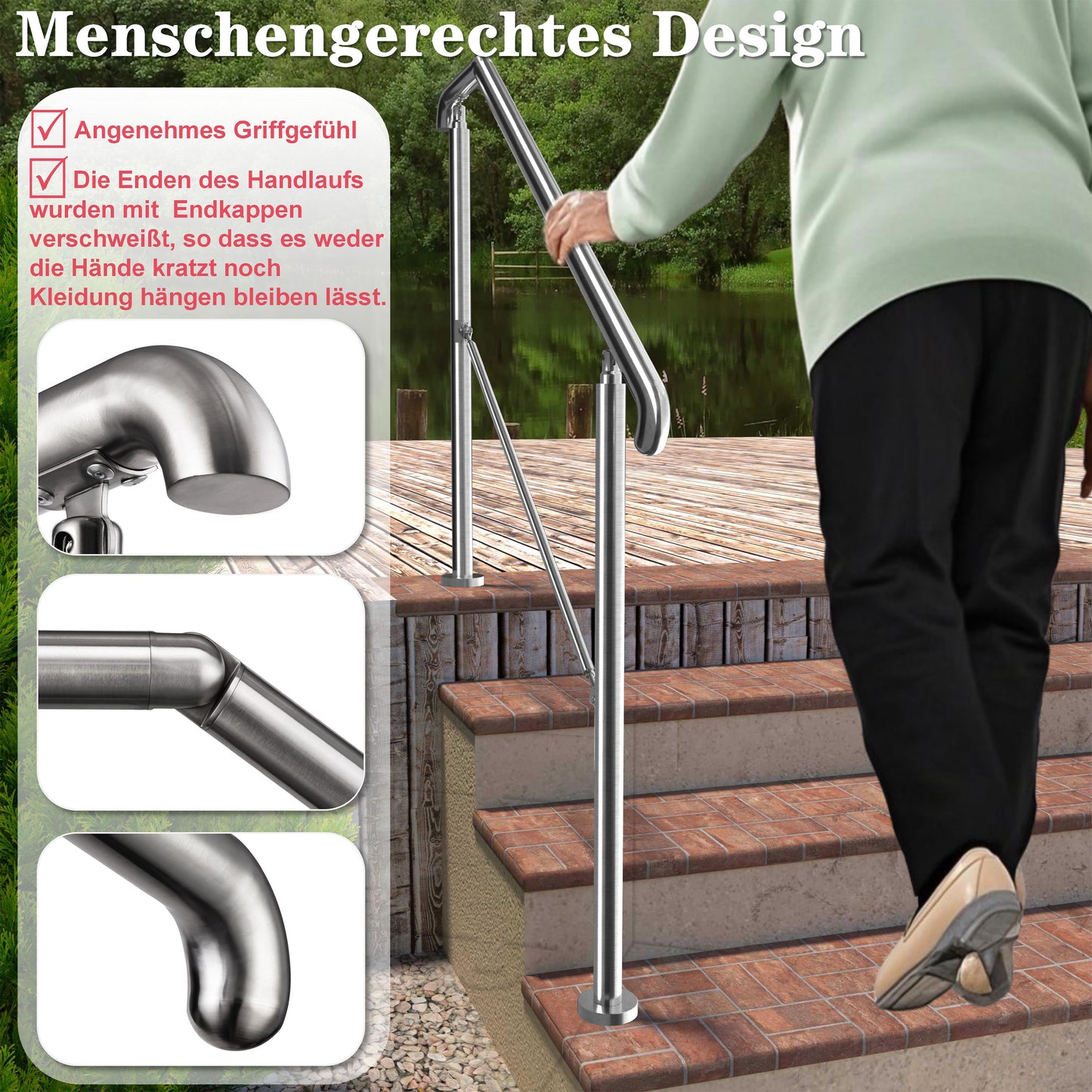 OZEAN Eingangsgeländer Edelstahl verstellbar für 2-5 Stufen | 3.5mm verstärkte Platte | Silber/Schwarz