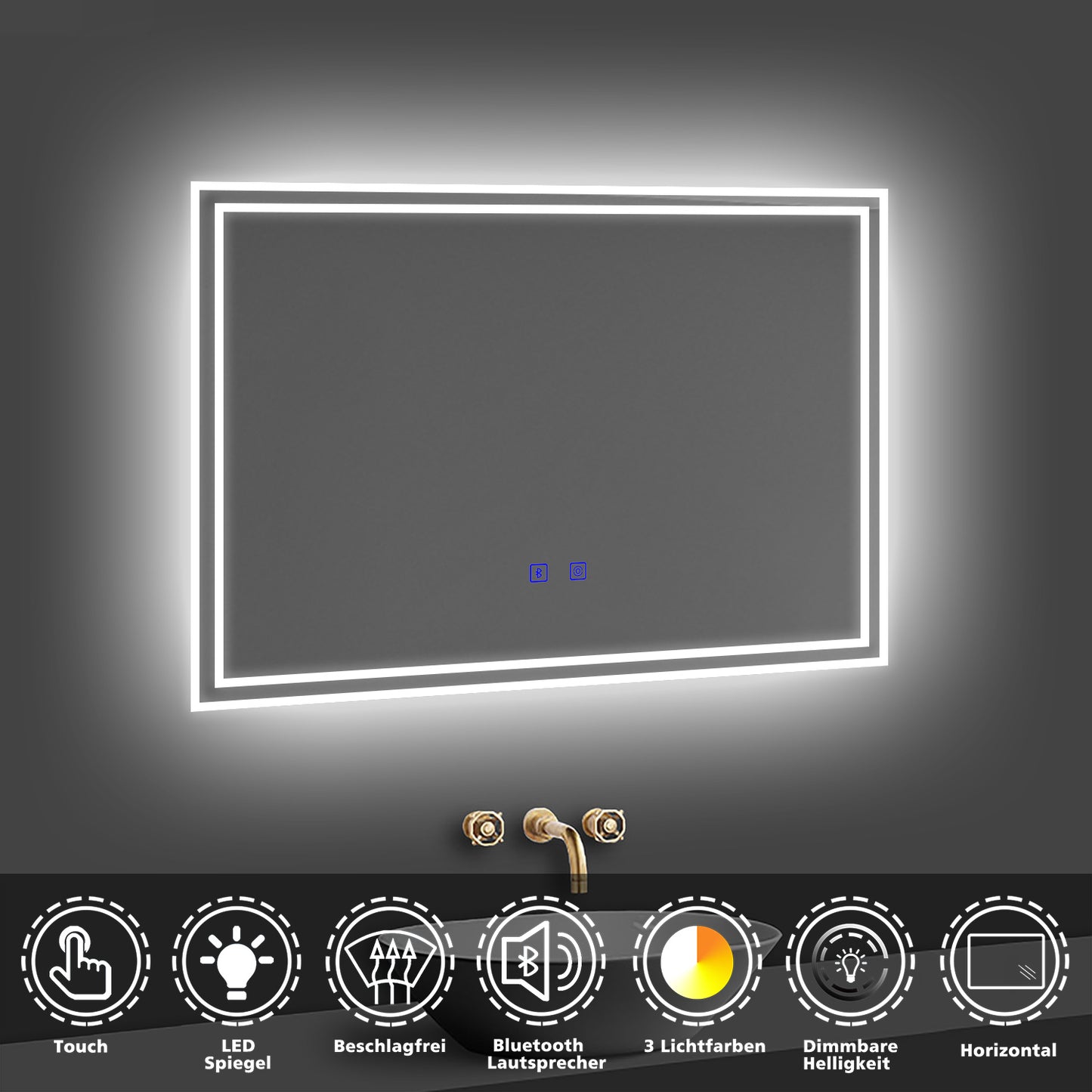 LED Badspiegel 70x50 cm Bluetooth TOUCH BESCHLAGFREI Wandspiegel Kalt/Neutral/Warmweiß ,Dimmbar