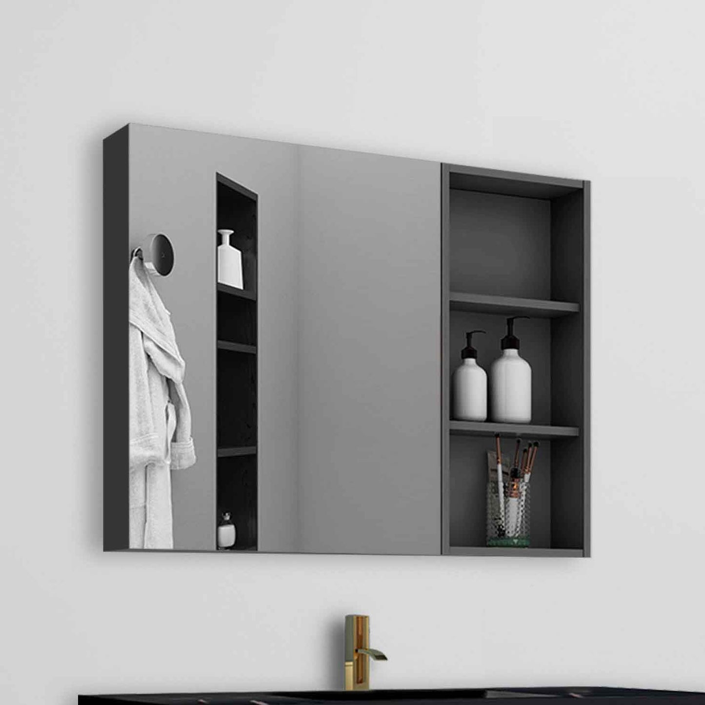 Spiegelschrank 90 cm Badspiegel Badezimmerschrank Sperrholzplatte Gäste WC Dunkelgrau Matt