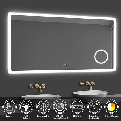 LED Spiegel 140x80 cm Uhr LED Schminkspiegel dimmbar Kalt/Neutral/Warmweiß TOUCH BESCHLAGFREI Wandspiegel