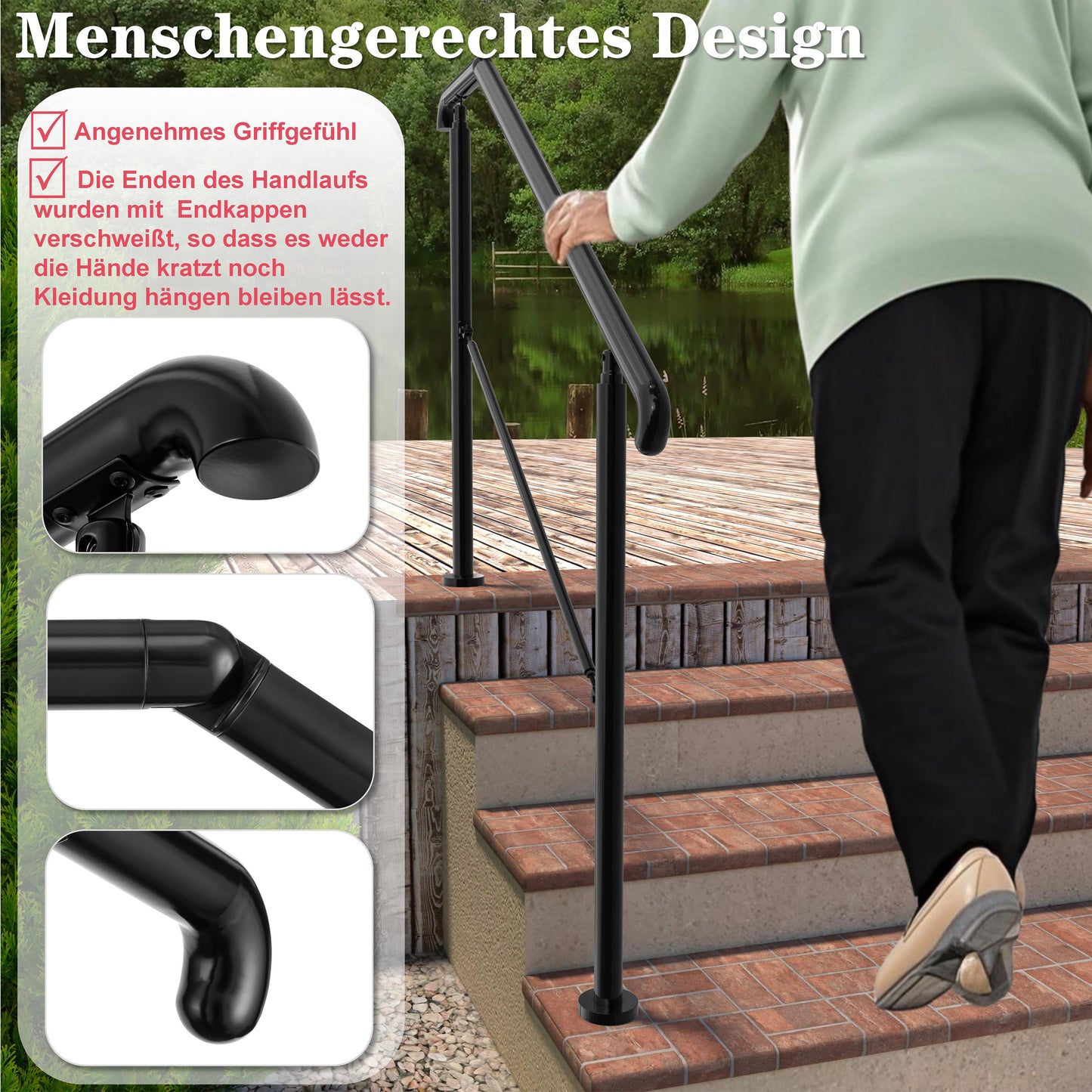 OZEAN Eingangsgeländer Edelstahl verstellbar für 2-5 Stufen | 3.5mm verstärkte Platte | Silber/Schwarz