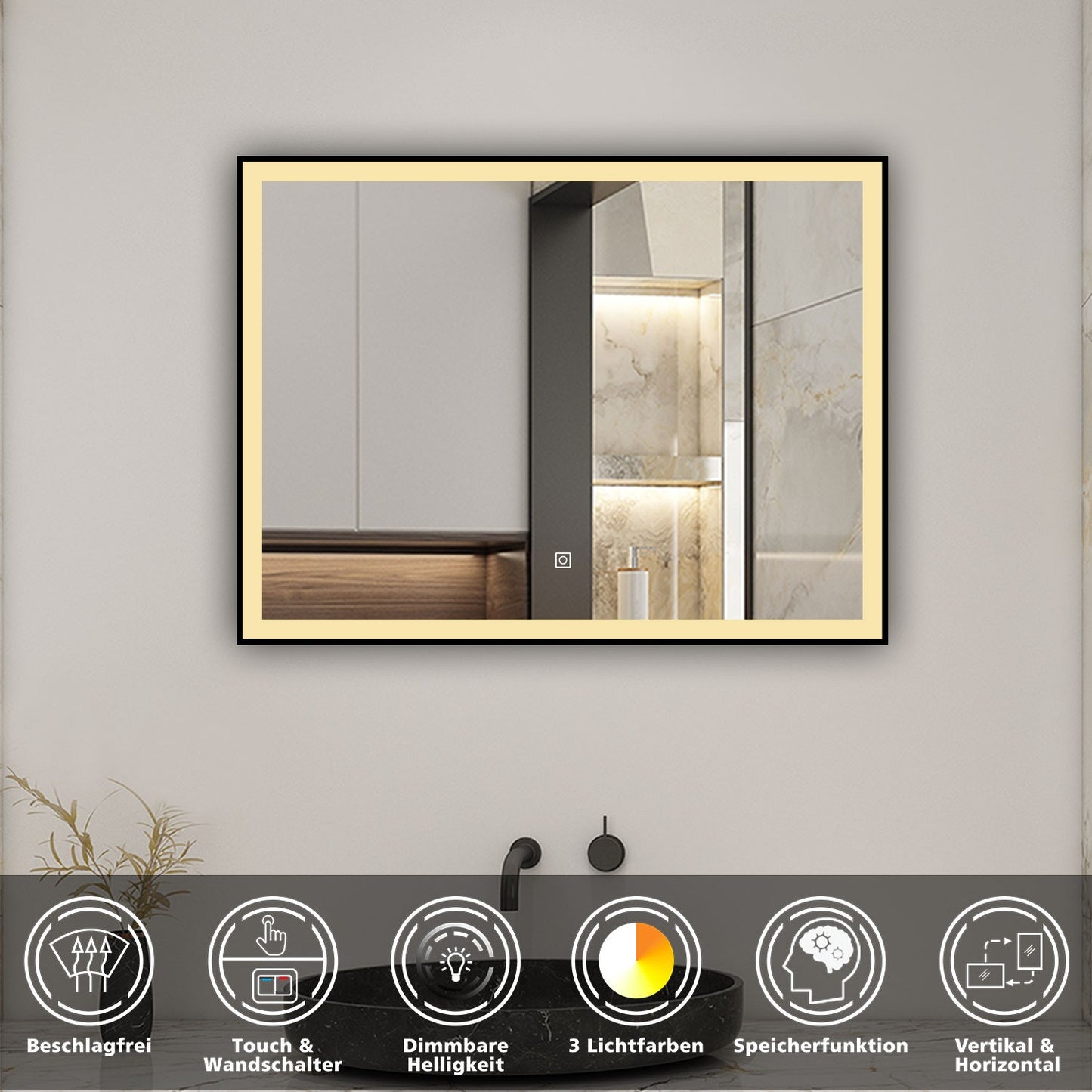 LED Wandspiegel 90x70cm Beschlagfrei Touch/Wandschalter 3 Lichtfarbe +Dimmbar Badspiegel mit Beleuchtung Badezimmerspiegel mit Schwarz Rahmen IP44