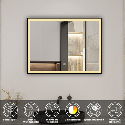 LED Wandspiegel 90x70cm Beschlagfrei Touch/Wandschalter 3 Lichtfarbe +Dimmbar Badspiegel mit Beleuchtung Badezimmerspiegel mit Schwarz Rahmen IP44