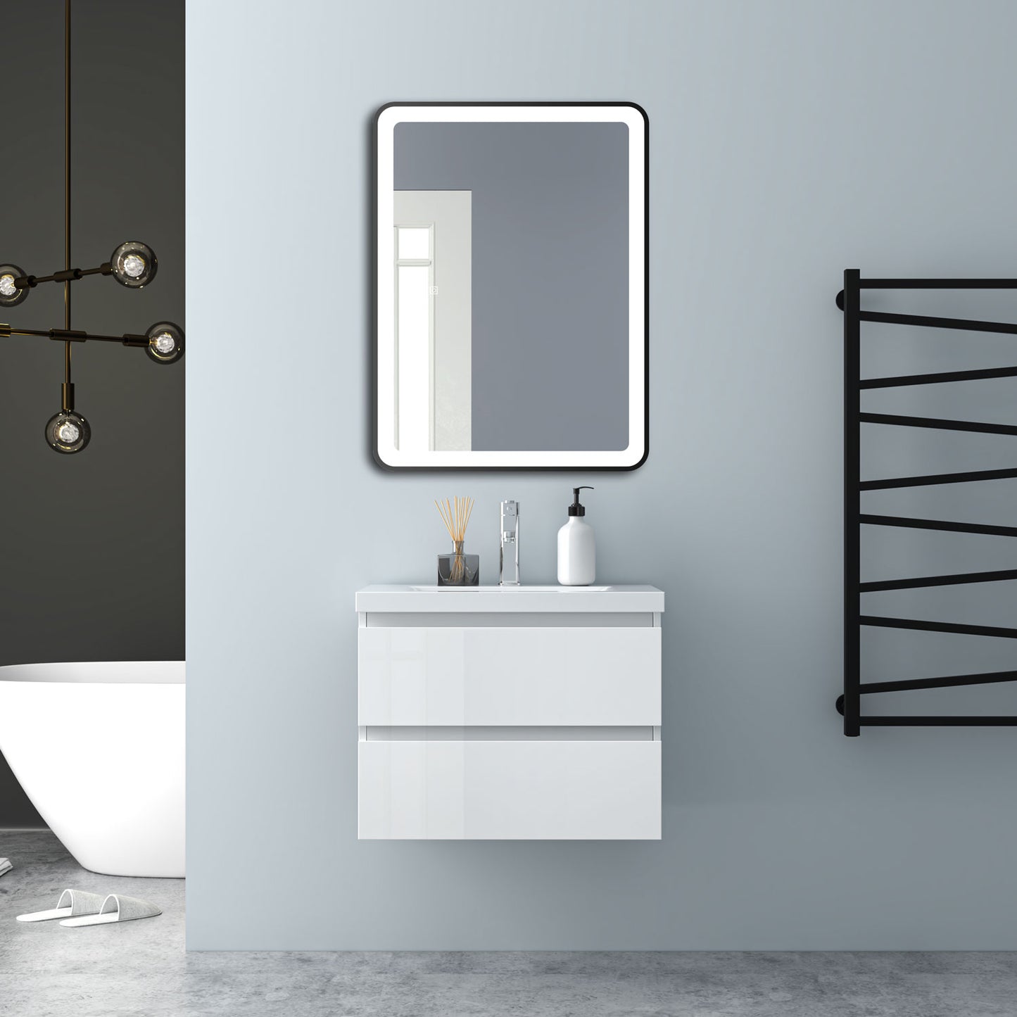 Badezimmermöbel 60cm Mineralguss Waschtisch mit Unterschrank Badmöbel set Badezimmerschränke mit 2 Soft-Close Schubladen Hochglanz Weiß