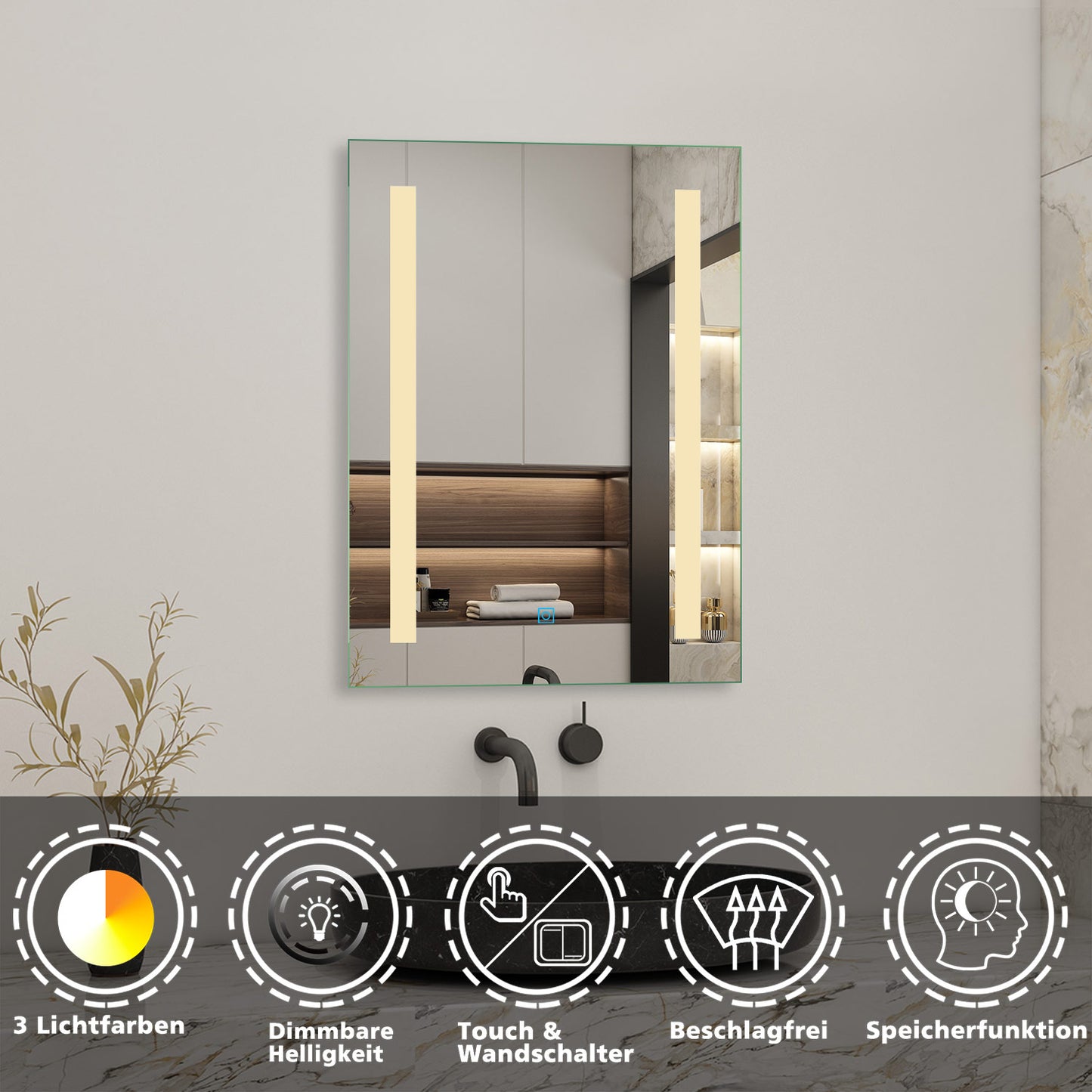 LED Wandspiegel 70x50cm Touch/Wandschalter Beschlagfrei Badspiegel mit Beleuchtung Bluetooth Uhr 3X Schminkspiegel 3 Lichtfarbe 3000-6500K Dimmbar IP44