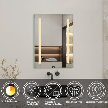 LED Wandspiegel 70x50cm Touch/Wandschalter Beschlagfrei Badspiegel mit Beleuchtung Bluetooth Uhr 3X Schminkspiegel 3 Lichtfarbe 3000-6500K Dimmbar IP44