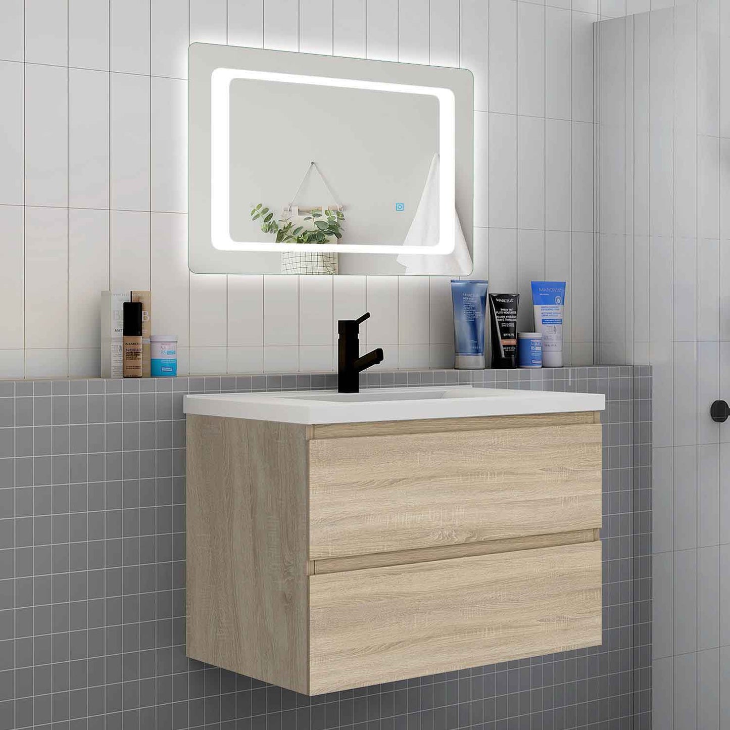 Badmöbel Set 80 cm  Vormontiert Eiche Natur Waschbecken mit Unterschrank inkl. 2-Schubladen Soft-Close Funktion