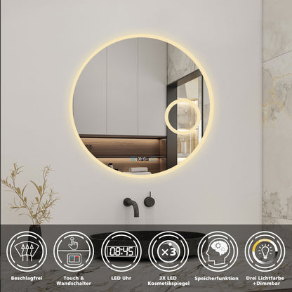 LED Badspiegel Rund 60cm mit Touch/Wandschalter Beschlagfrei Kalt/Neutral/Warmweiß Dimmbar Badezimmerspiegel mit Uhr und 3-Fach Kosmetikspiegel IP44